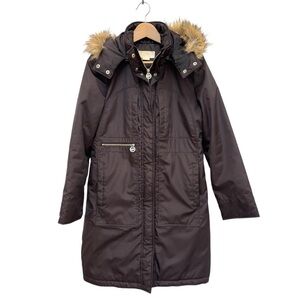 Michael Kors Zip Front Mid Length Parka Coat Removeable Hood Chocolate Brown S